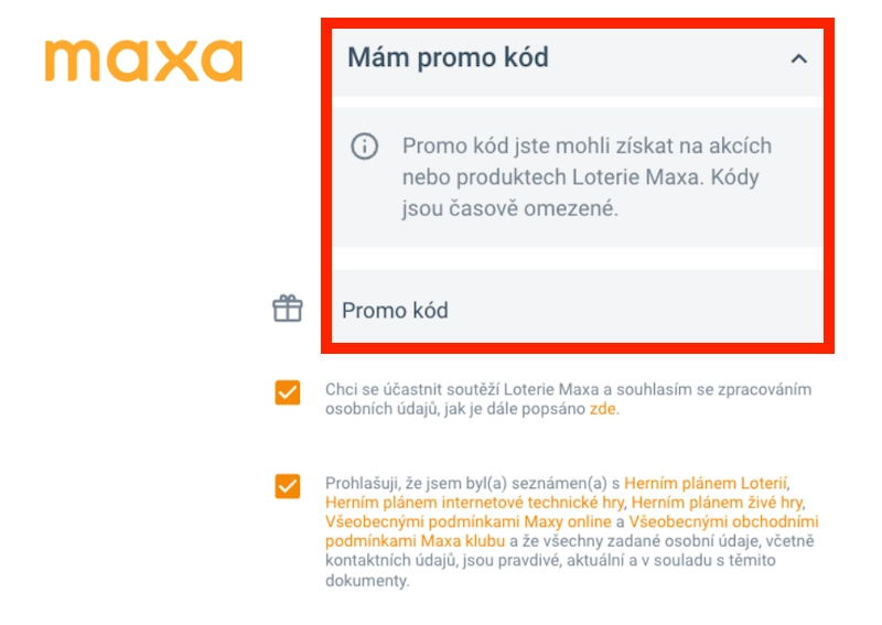 Loterie Maxa registrace s promo kódem