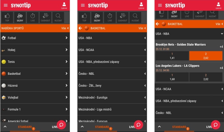 Synottip mobilní aplikace nabídka sportů