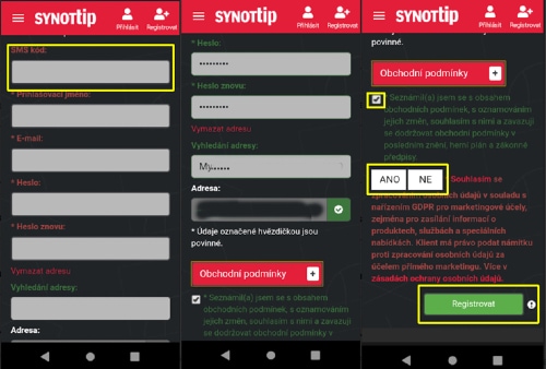 Zadání SMS kódu a dokončení registrace Synottip