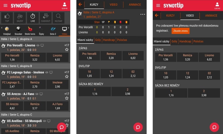 Synottip mobilní aplikace Živé přenosy a live sázky