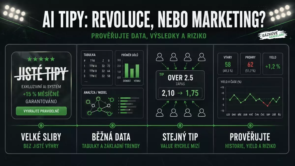 AI sázkové tipy - velké sliby, běžná data, pokles hodnoty kurzu a ověřování výsledků, yieldu a rizika