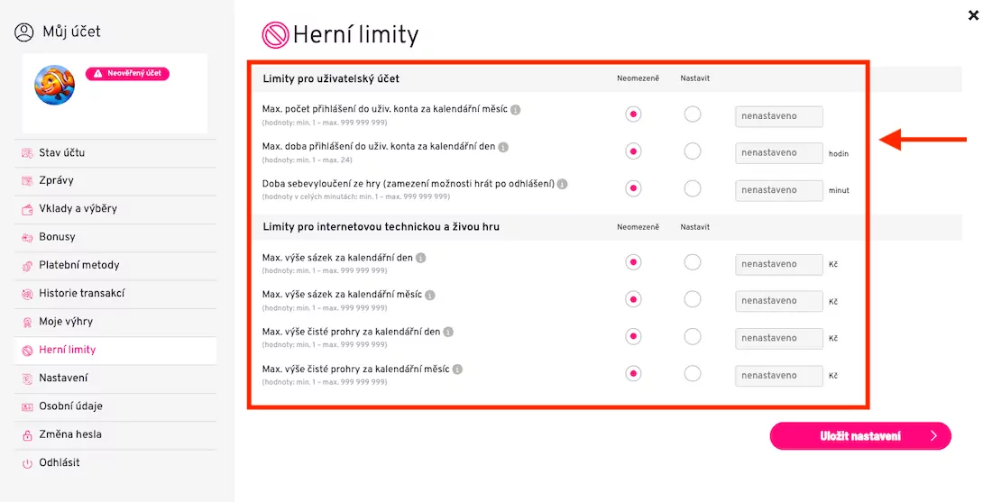 Apollo Games nastavení herních limitů