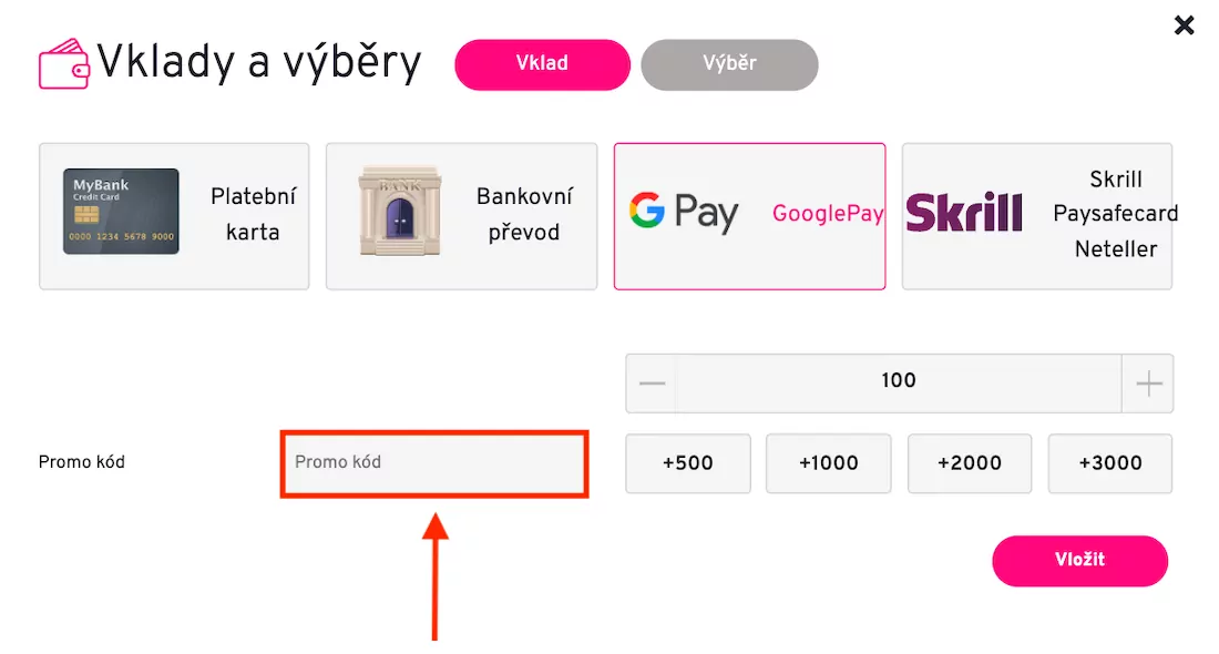 Apollo Games políčko pro promo kód