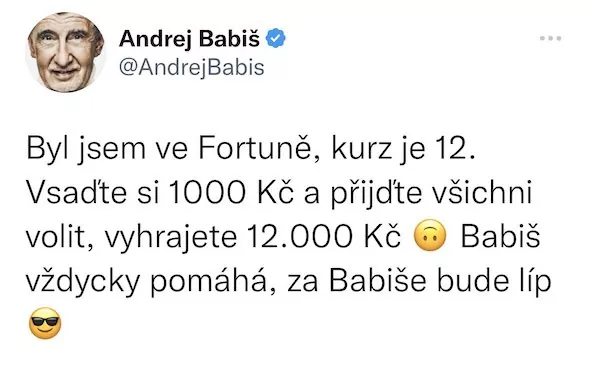 Babiš vyzval voliče k vsazení si na jeho výhru