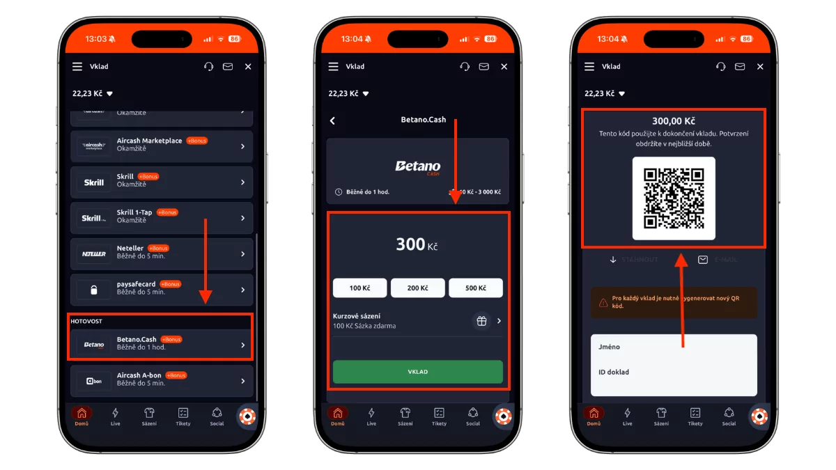 Návod krok za krokem, jak vložit hotovost přes Betano.Cash a vygenerovat QR kód pro dokončení vkladu