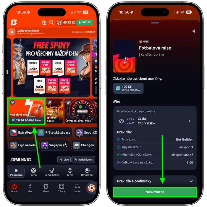 Fotbalová mise v mobilní aplikaci Betano s přehledem podmínek a tlačítkem Zúčastnit se