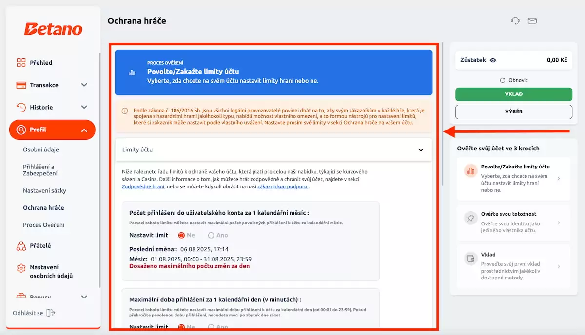 Betano nastavení herních limitů