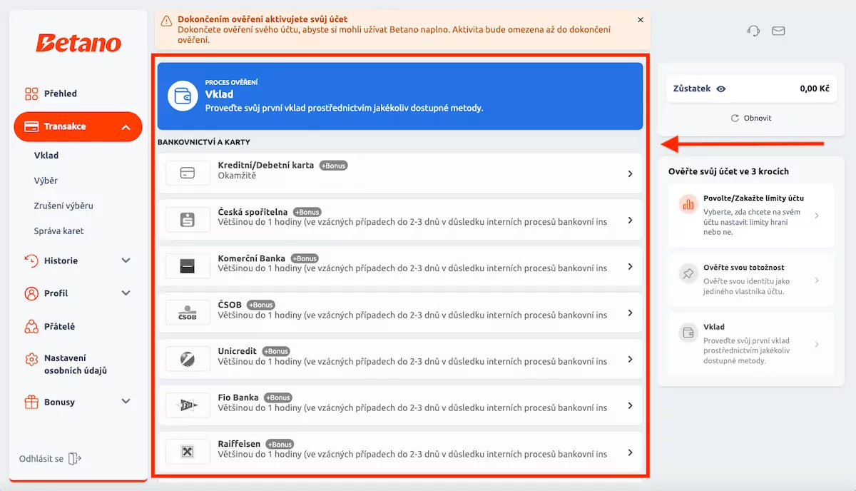 Betano ověření platební metody