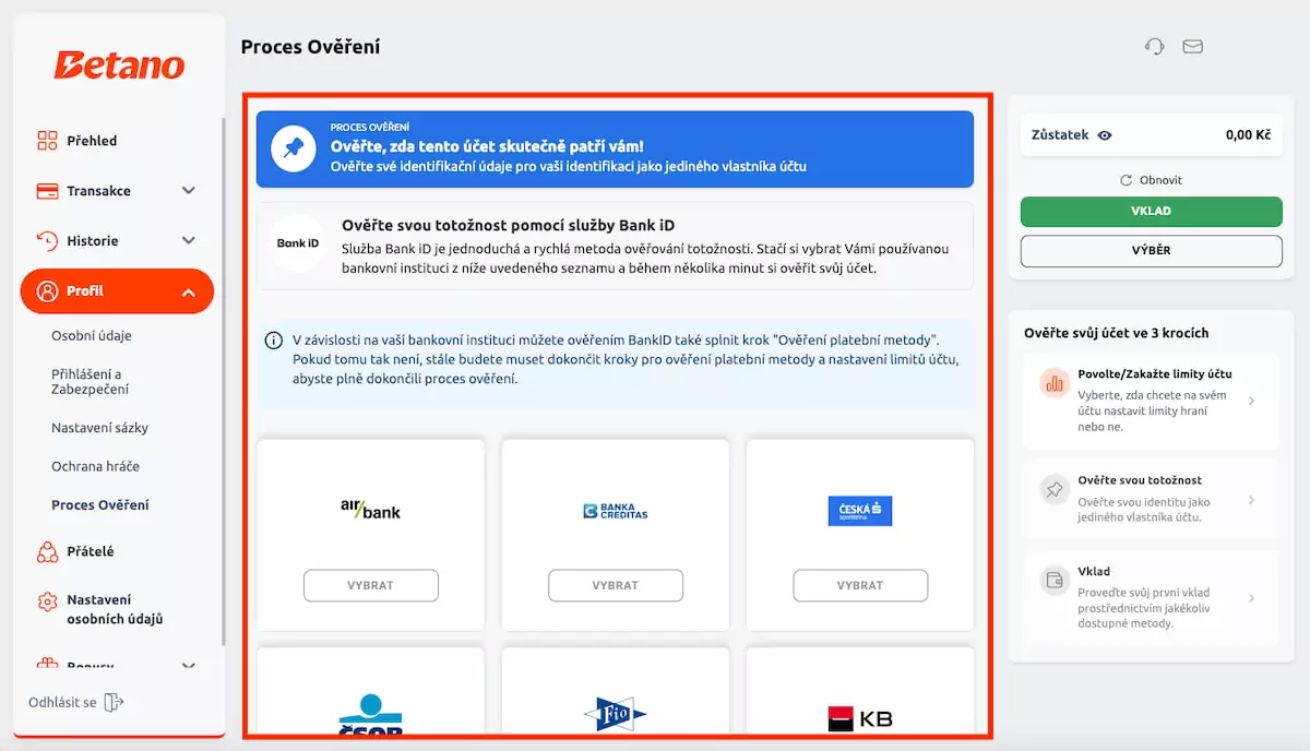 Betano ověření totožnosti BankID