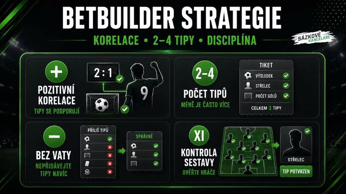 BetBuilder strategie – pozitivní korelace, ideálně 2 až 4 tipy, bez zbytečných výběrů a s kontrolou sestavy před sázkou