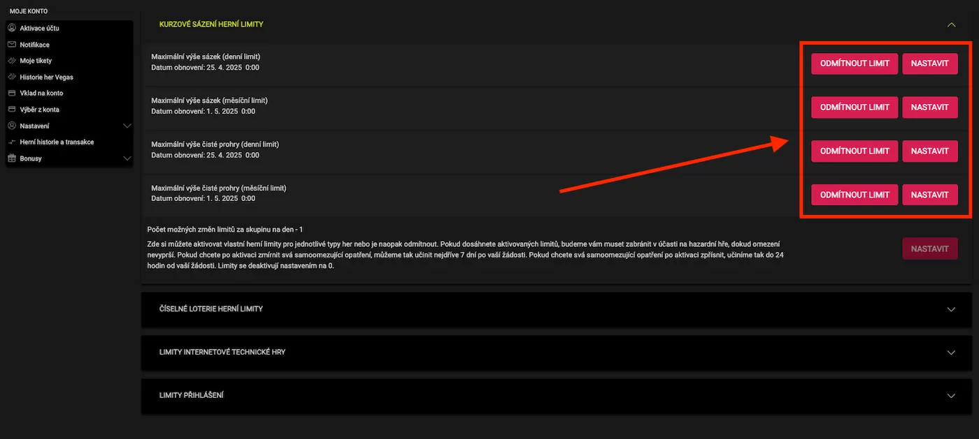 Betx nastavení herních limitů