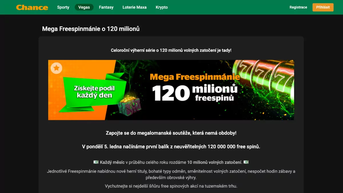 Chance Mega Freespinmánie o 120 milionů