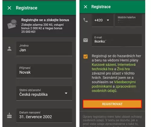 Chance registrace Vyplnění osobních údajů