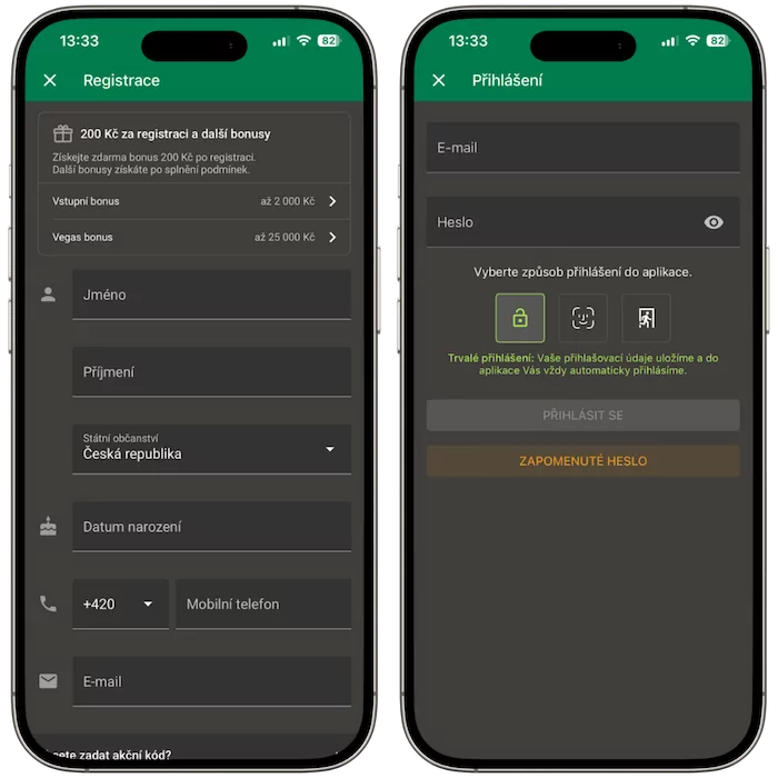 Chance registrace a přihlášení skrz aplikaci
