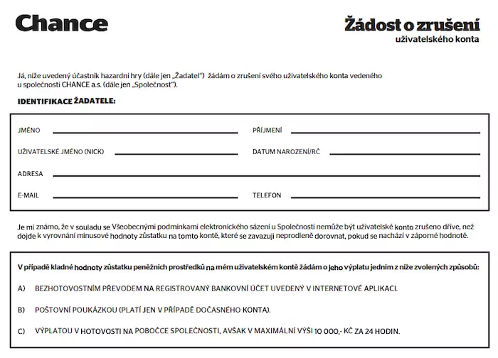 Dokument zrušení účtu u Chance