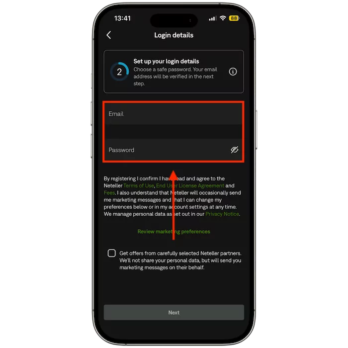 Druhý krok registrace Neteller