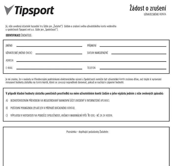 Formulář žádost o zrušení účtu Tipsport