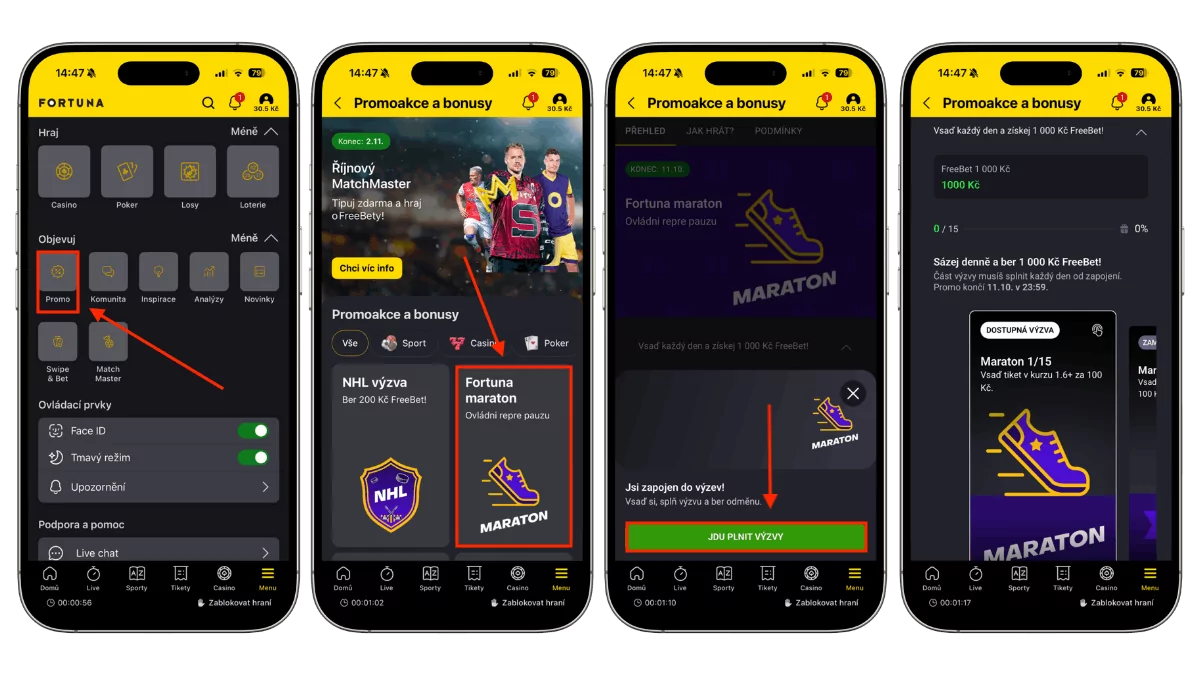 Zapojení do Fortuna maratonu v mobilní aplikaci: Menu, Promo, karta akce a první mise Maraton 1/15