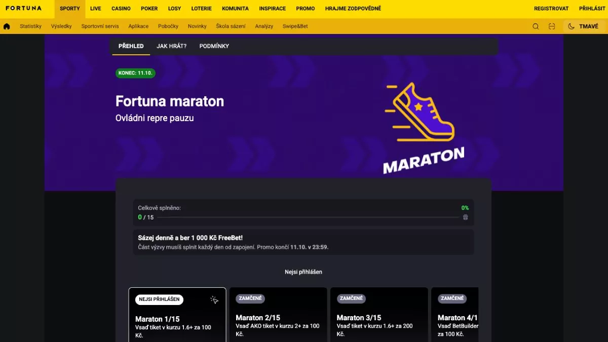 Stránka akce Fortuna maraton s přehledem denních misí a FreeBetem 1 000 Kč za dokončení