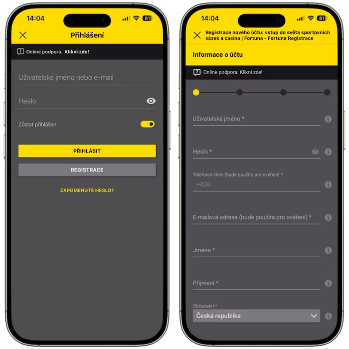 Fortuna registrace a přihlášení skrz aplikaci