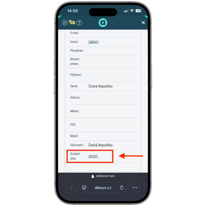 Ikona zrušení účtu Allwyn