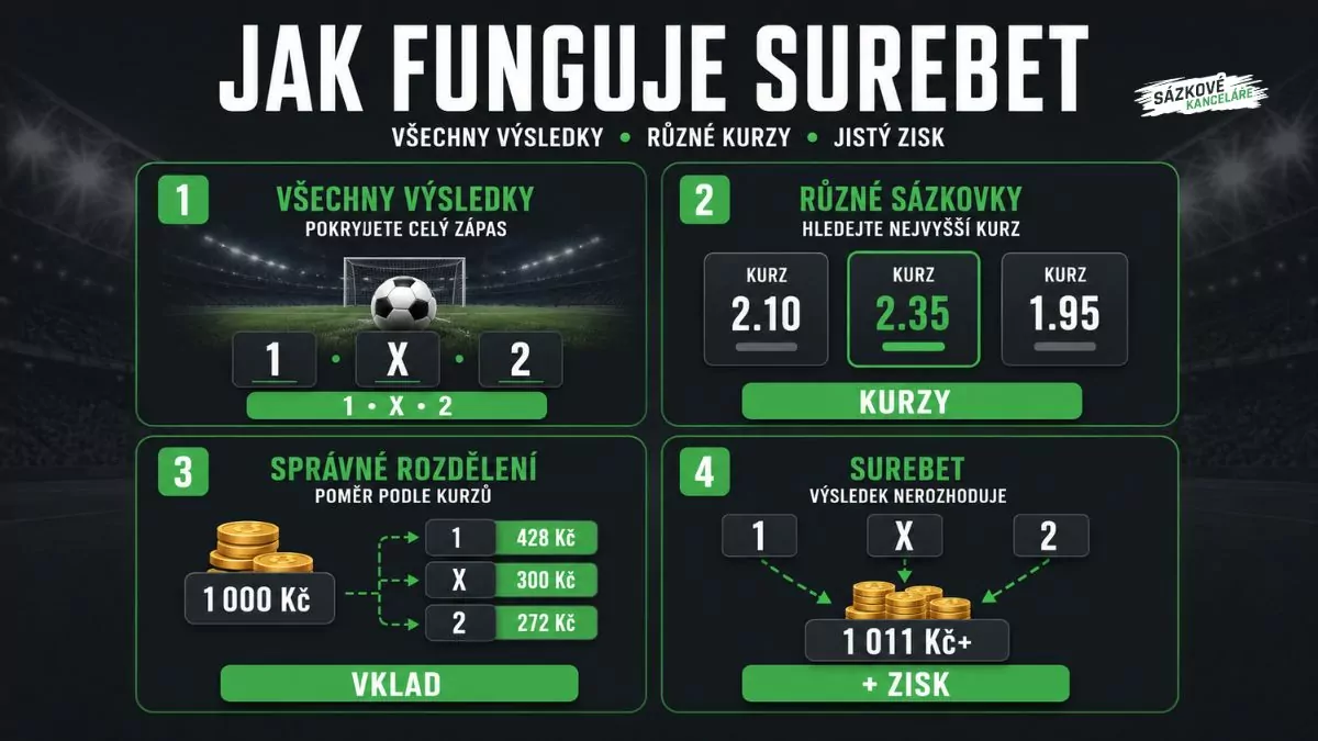 Jak funguje surebet – pokrytí všech výsledků zápasu, porovnání kurzů, rozdělení vkladu a zajištění zisku