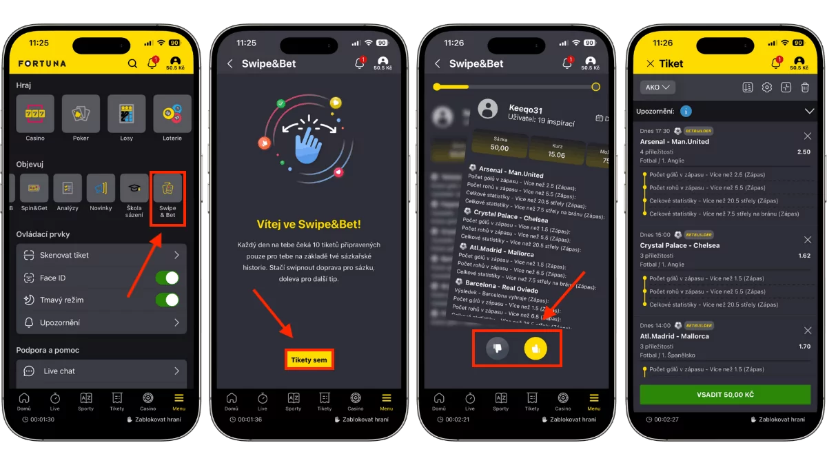 Jednoduché ovládání Fortuna Swipe&Bet