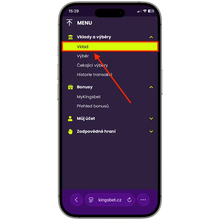 Hlavní nabídka účtu Kingsbet s vyznačeným tlačítkem „Vklad“