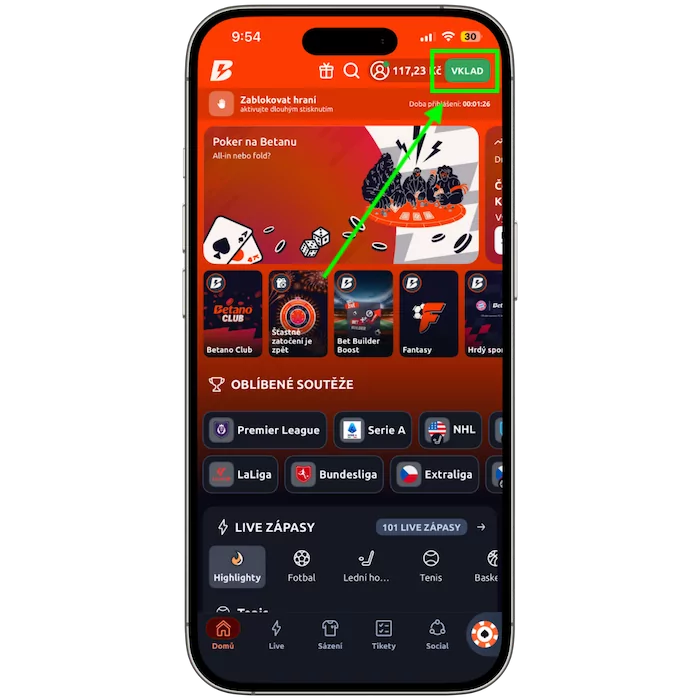 Klikněte na sekci vklad u Betano