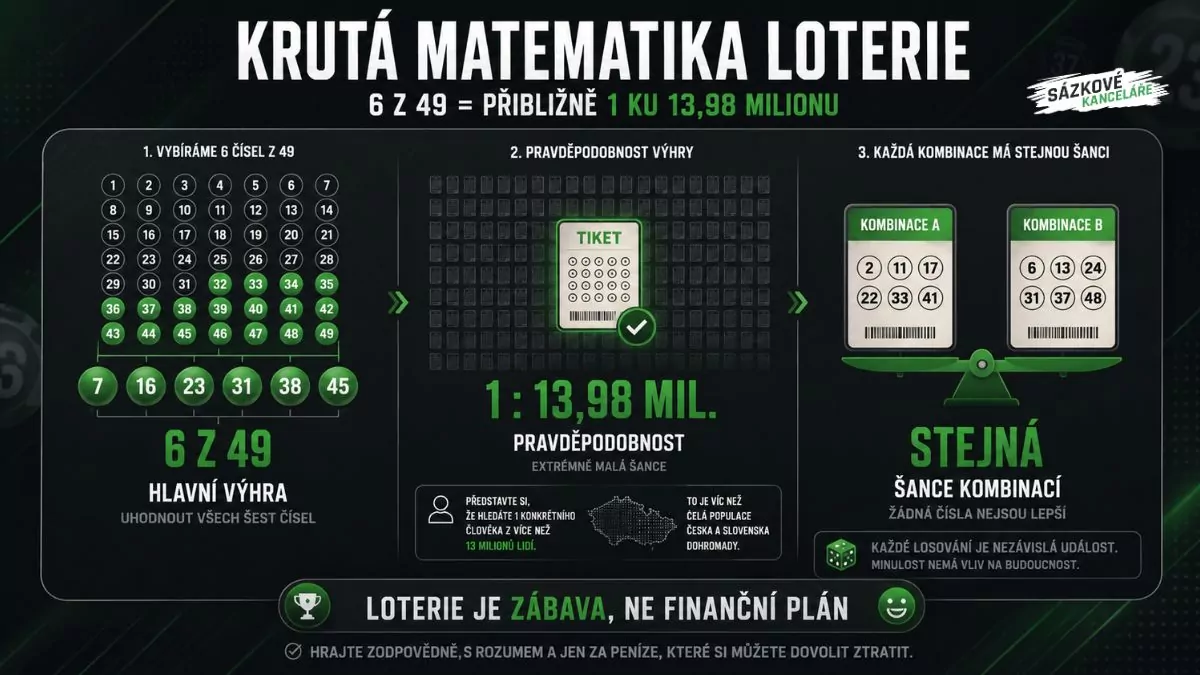 Infografika vysvětlující pravděpodobnost výhry v loterii 6 z 49, šanci přibližně 1 ku 13,98 milionu a stejnou pravděpodobnost všech číselných kombinací