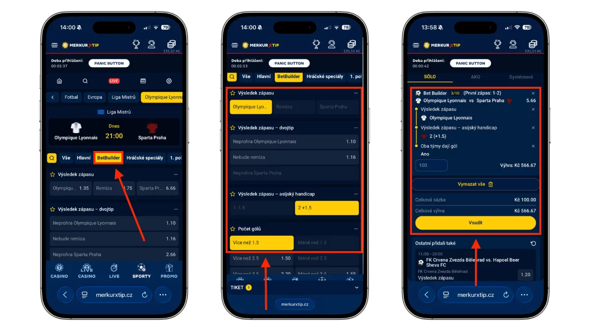 Postup použití funkce BetBuilder u MerkurXtip - výběr sázek, sestavení kombinace a podání tiketu