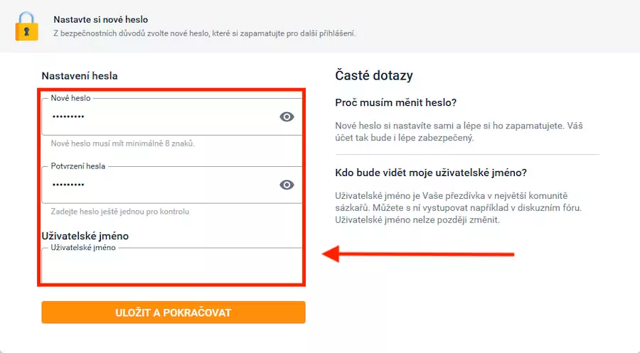 Nastavení hesla a uživatelského jména