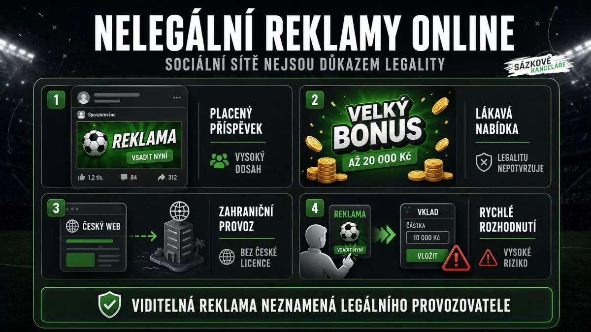 Infografika upozorňující, že reklamy sázkových kanceláří a kasin na sociálních sítích, vysoké bonusy ani český web nejsou důkazem legality