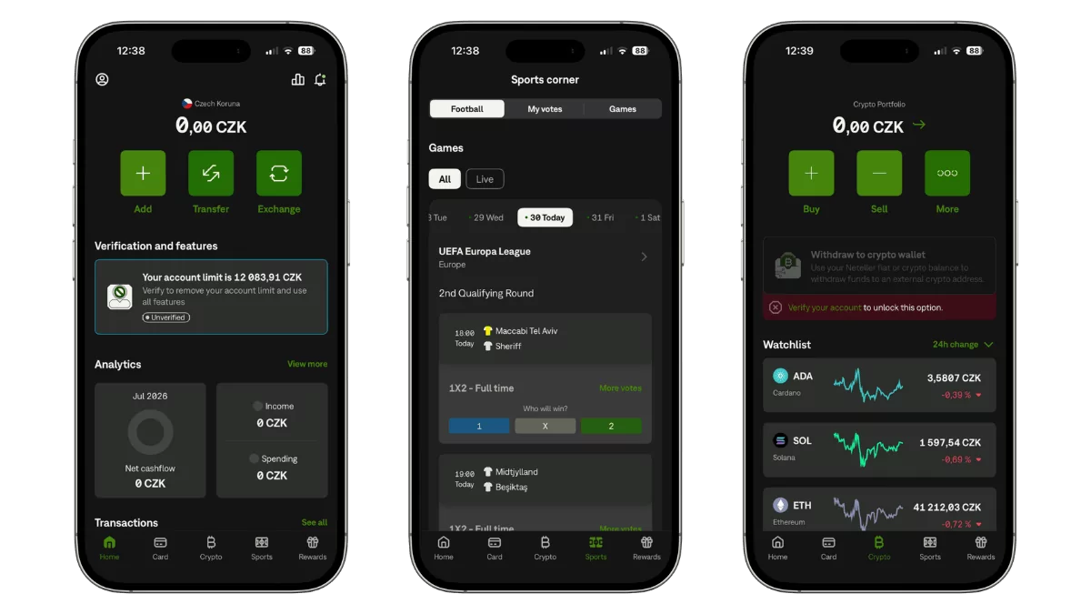 Ukázka mobilní aplikace Neteller s přehledem zůstatku, ověřením účtu, sportovní sekcí a nabídkou nákupu a prodeje kryptoměn