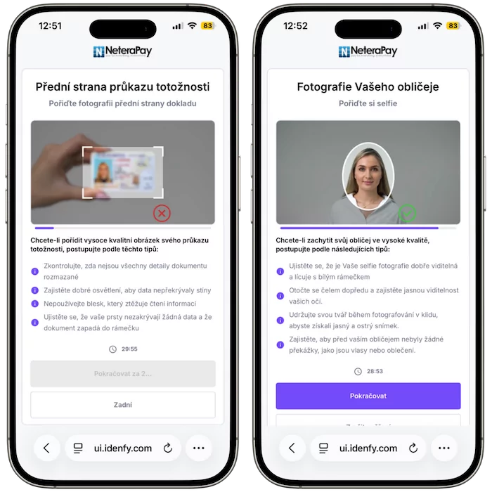 Rozhraní NeteraPay pro ověření totožnosti uživatele