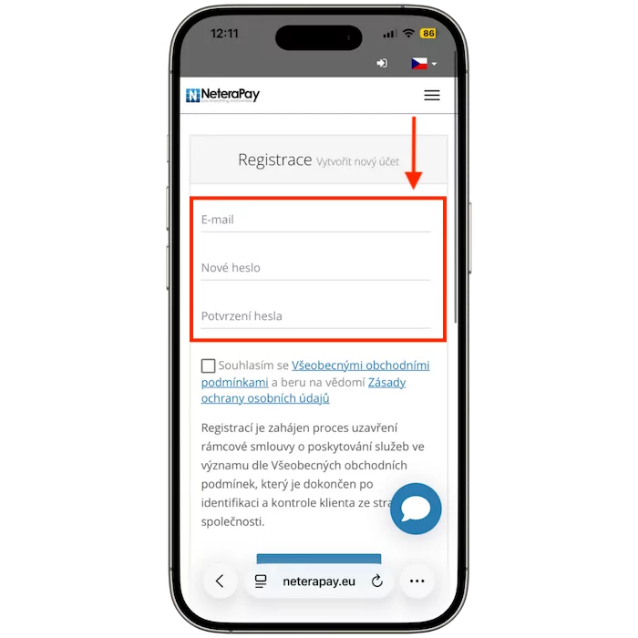 Snímek obrazovky registračního formuláře NeteraPay