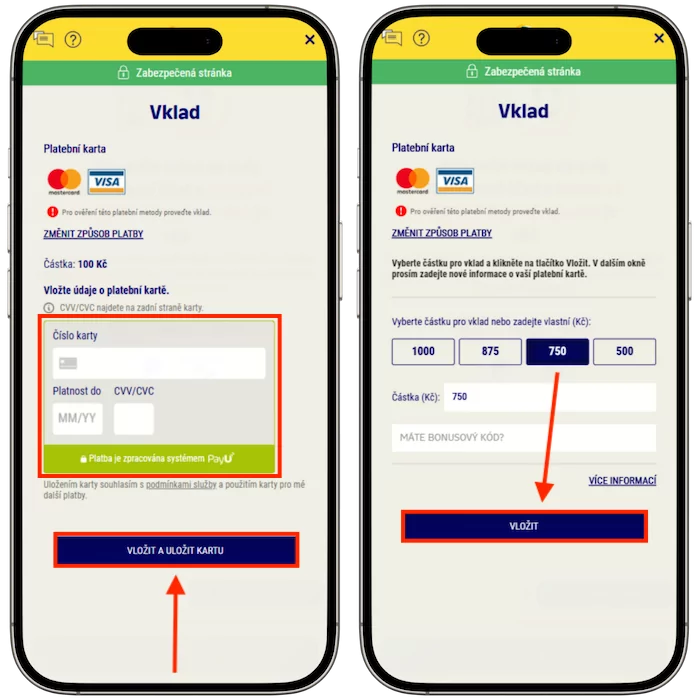 Ověření platební metody a první vklad
