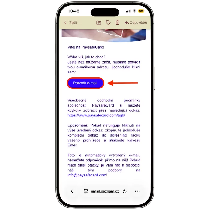 Ověřovací email Paysafecard