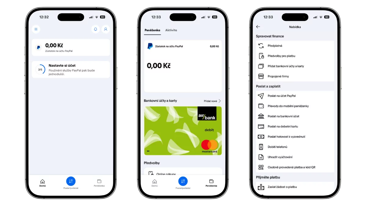 Ukázka mobilní peněženky PayPal s přehledem zůstatku, přidanou platební kartou a možnostmi odesílání a přijímání plateb