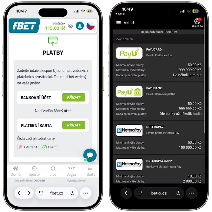 Platební metody fBet vs BetX