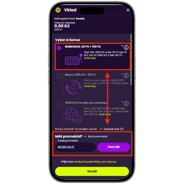 Ukázka vyplněného pole s promo kódem BIGBONUS a potvrzovacím tlačítkem
