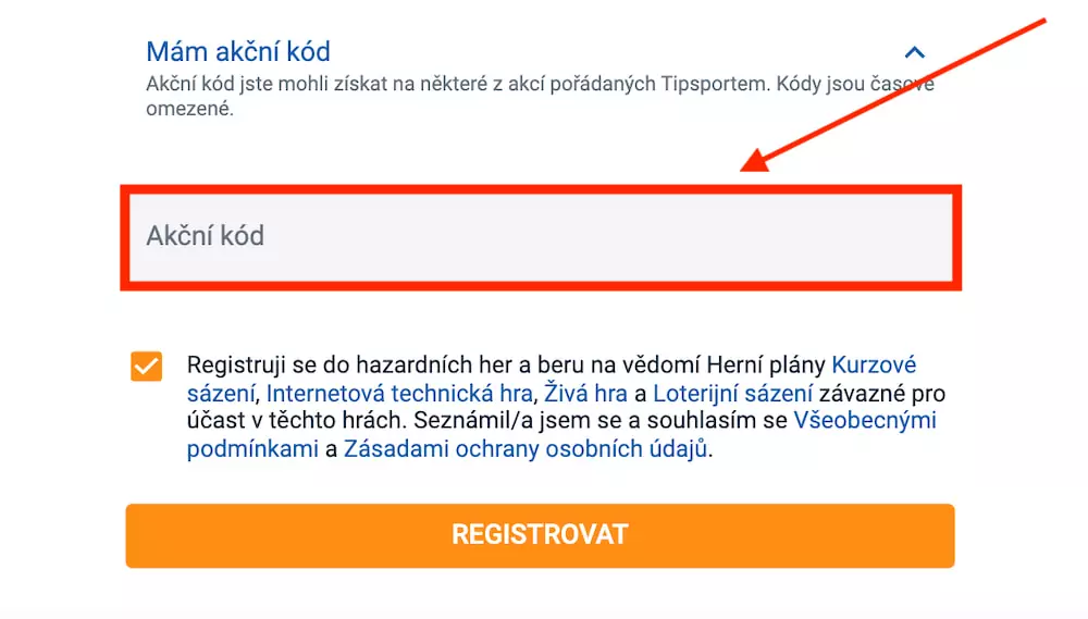 Políčko Tipsport akční kód