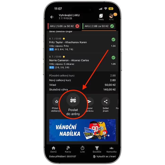 Sekce Moje tikety v Tipsport