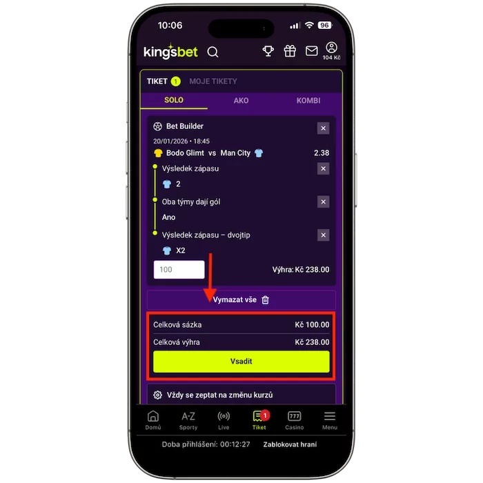 Potvrďte výsledný Kingsbet betbuilder