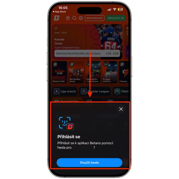 Přihlášení do Betano aplikace pomocí FaceID