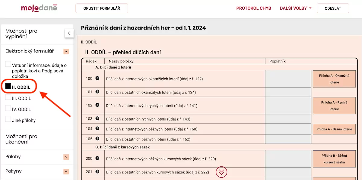 Příloha číslo dvě v daňovém přiznání hazardní hry