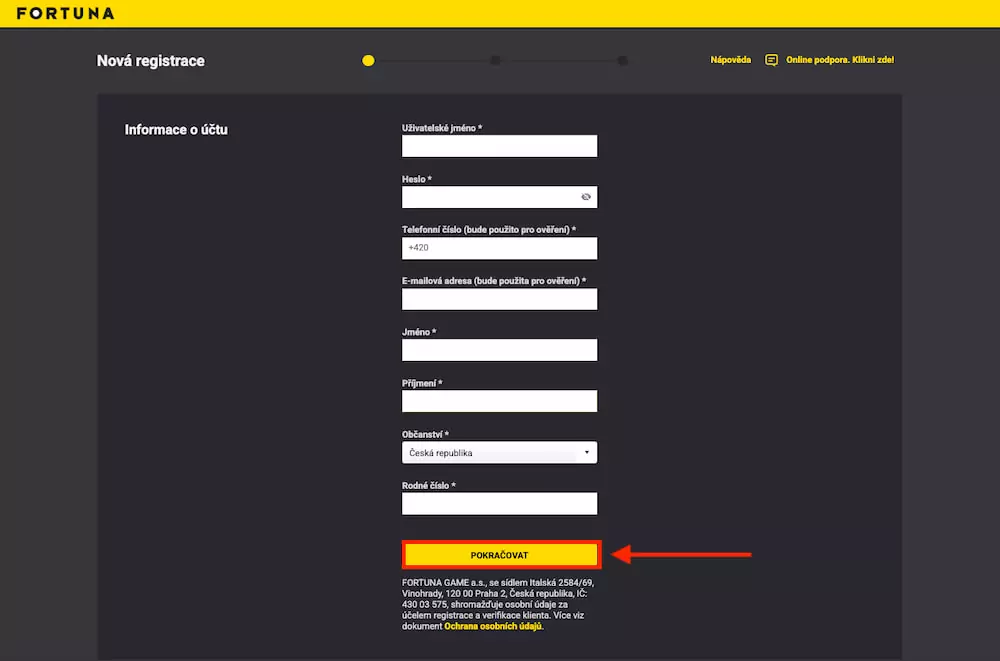 První krok Fortuna registrace