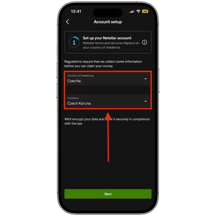 První krok registrace Neteller
