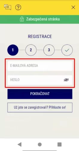 Registrace sazka vyplnění e-mail a heslo