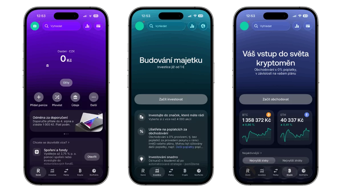 Ukázka mobilní aplikace Revolut s přehledem osobního účtu, možnostmi plateb, investování a obchodování s kryptoměnami